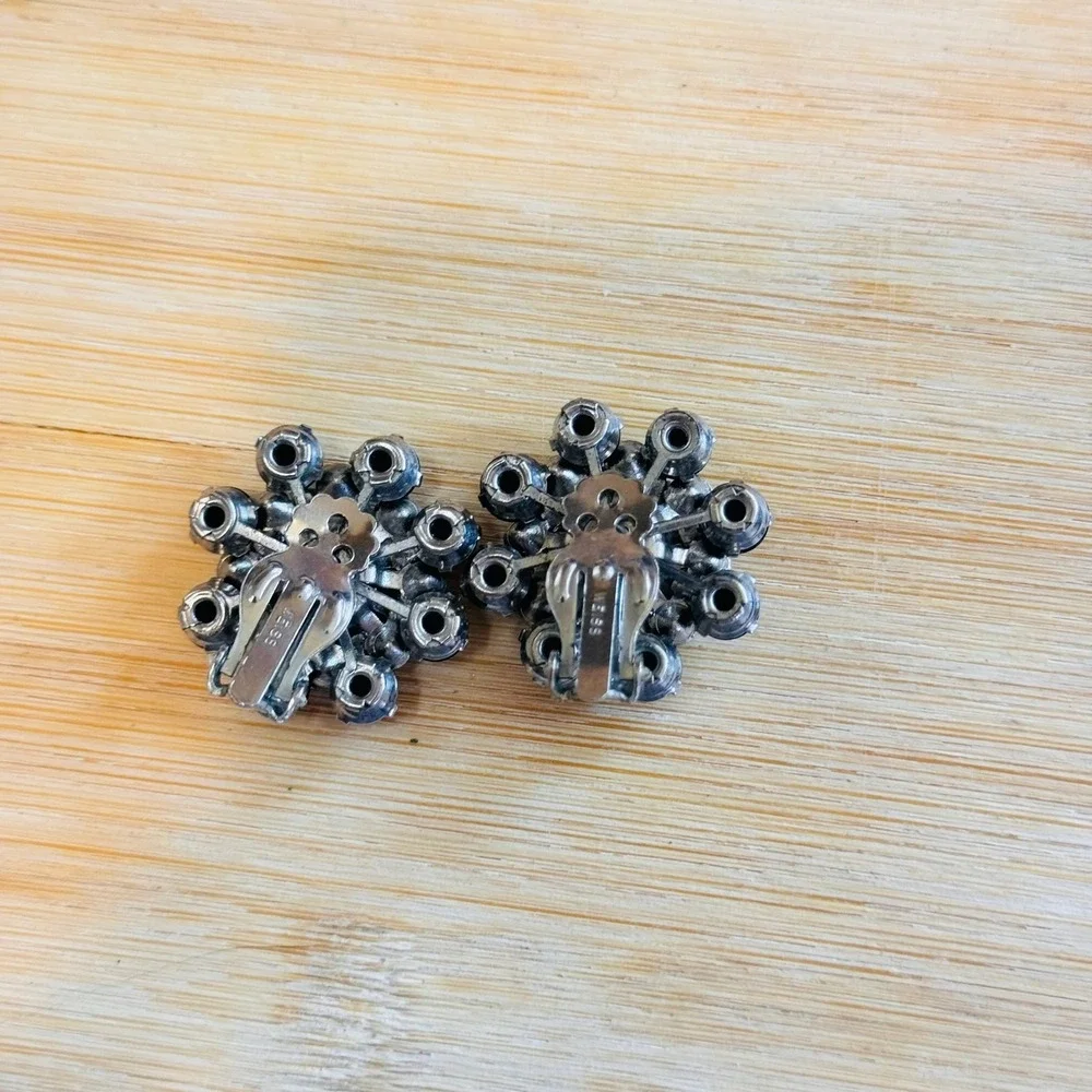 Weiss Earrings Starburst VTG Signed Jet Rhinestone Crystal Clip Round Flower 60s